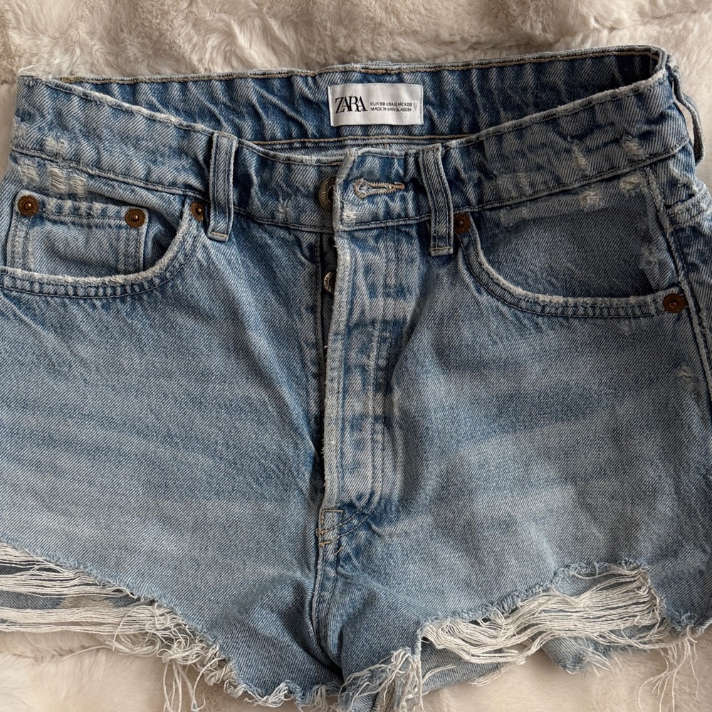 Zara Faded Light Blue Distressed Denim Shorts